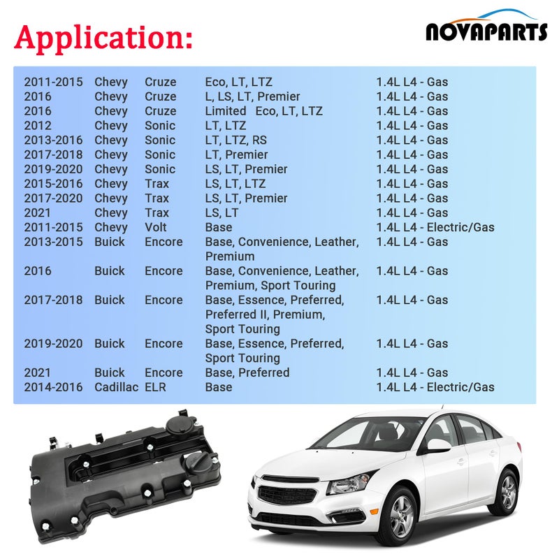 NOVAPARTS Engine Valve Cover with Gaskets & Bolts & Oil Filler Cap Set for 2011-2021 Chevrolet Chevy Cruze Sonic Volt Trax Buick Encore Cadillac ELR 1.4L 264-968 25203036 25198874 55573746 25198498 - Image 2